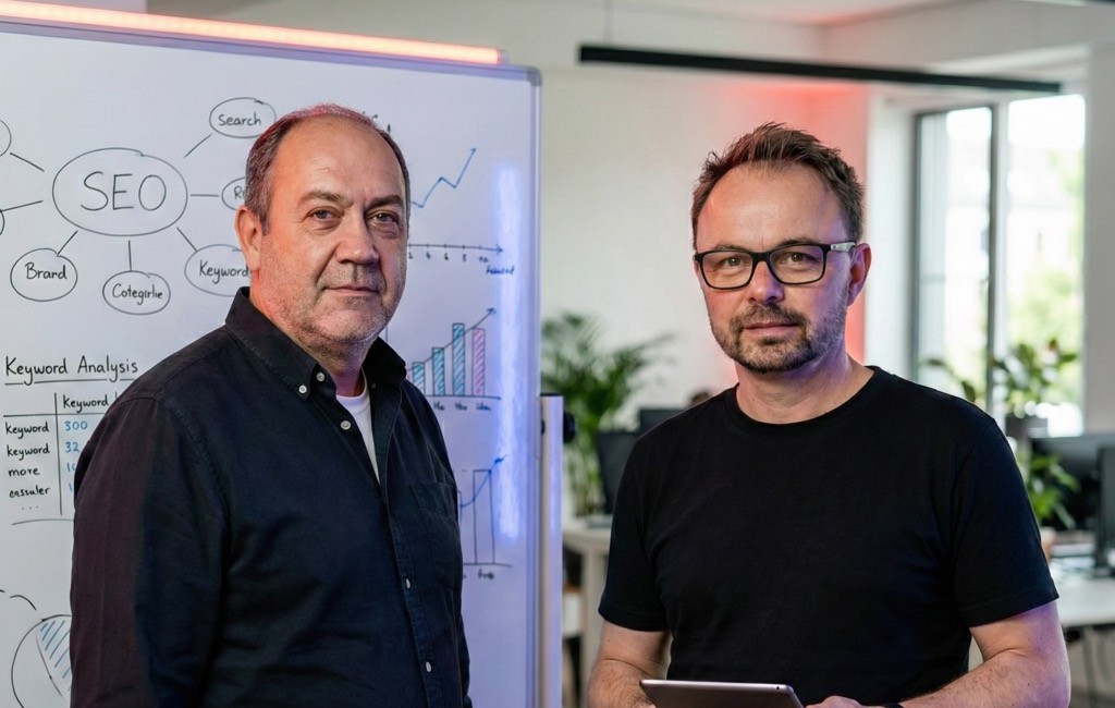 performanceLiebe Geschäftsführer vor SEO-Whiteboard