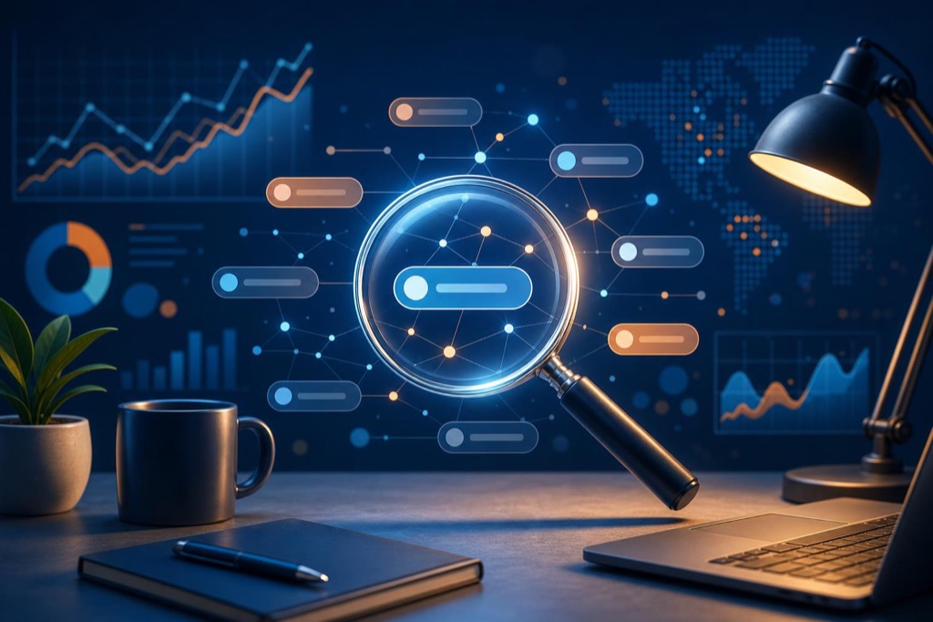 Lupe uber vernetzten Suchanfragen-Datenpunkten als Symbol fur kostenlose Keyword-Recherche