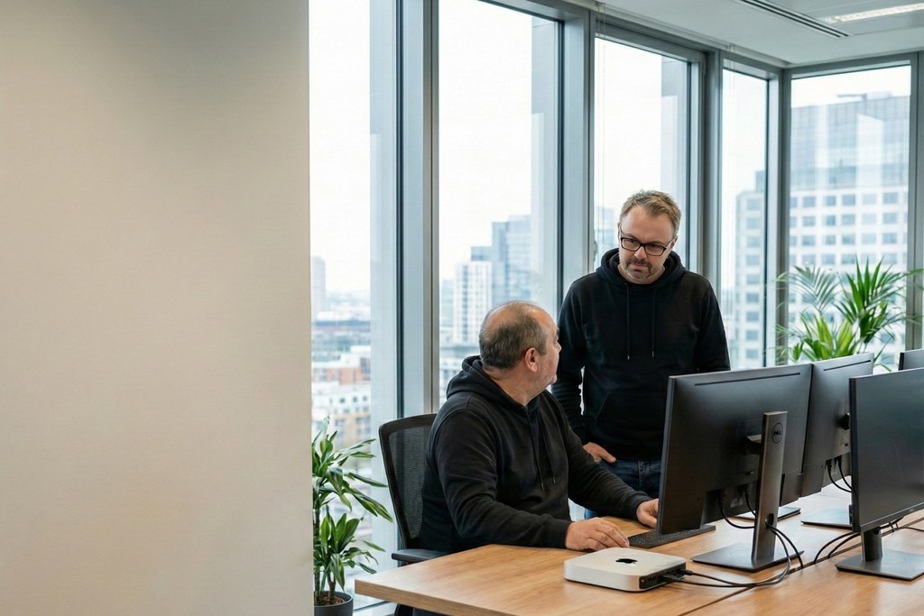 Køb Backlinks-eksperter analyserer data ved computeren på kontoret