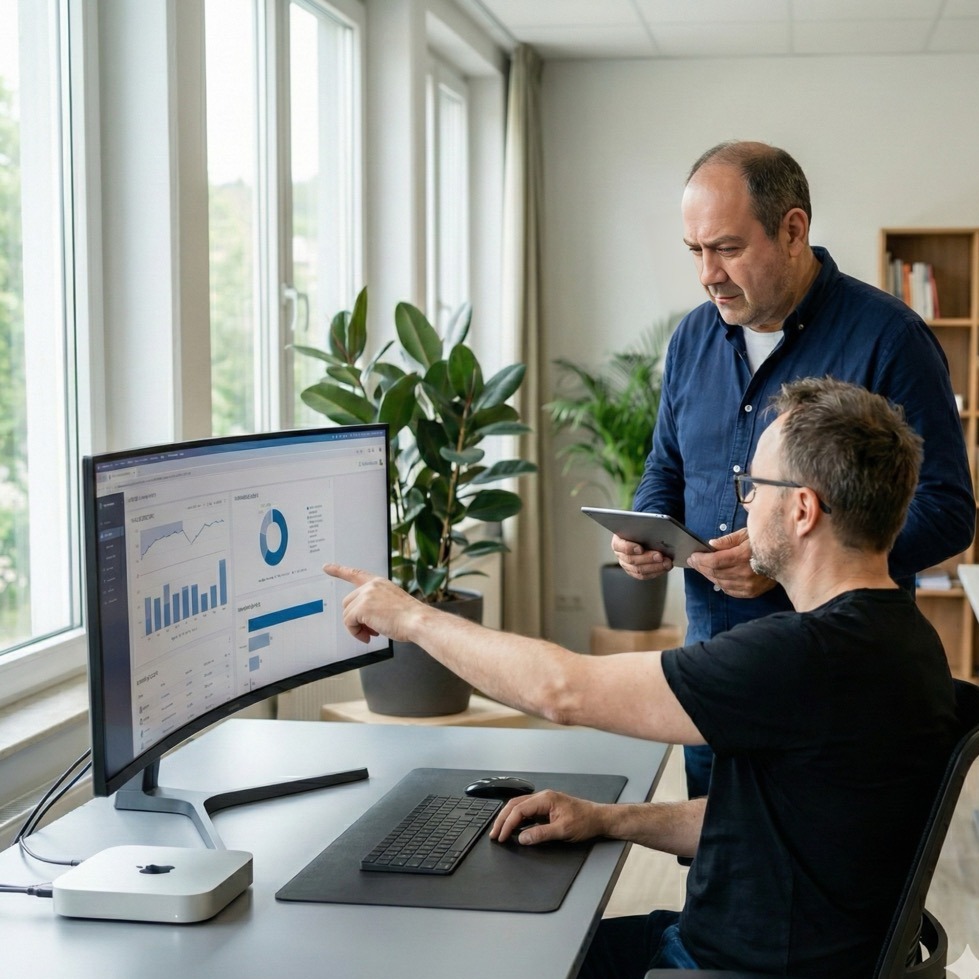 Køb Backlinks-eksperter analyserer data ved computeren på kontoret