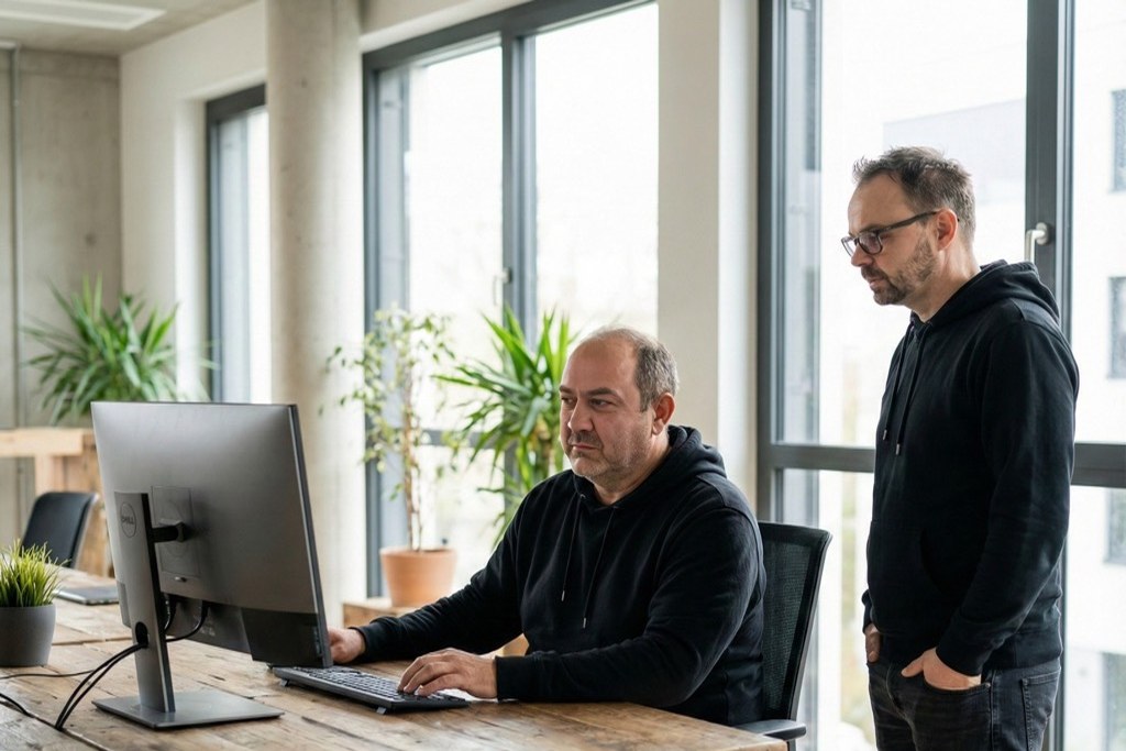 Backlinks-Experten analysieren Daten am Computer im Büro