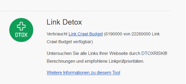 Link Detox - Untersuchen Sie alle Links Ihrer Webseite durch DTOXRISK® Berechnungen und empfohlene Linkprüfprioritäten.